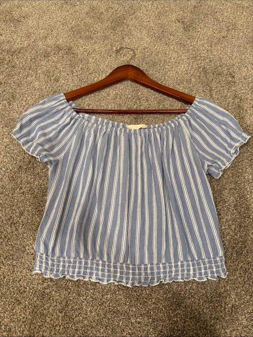 Hollister Women's Blue Striped Off-Shoulder Top